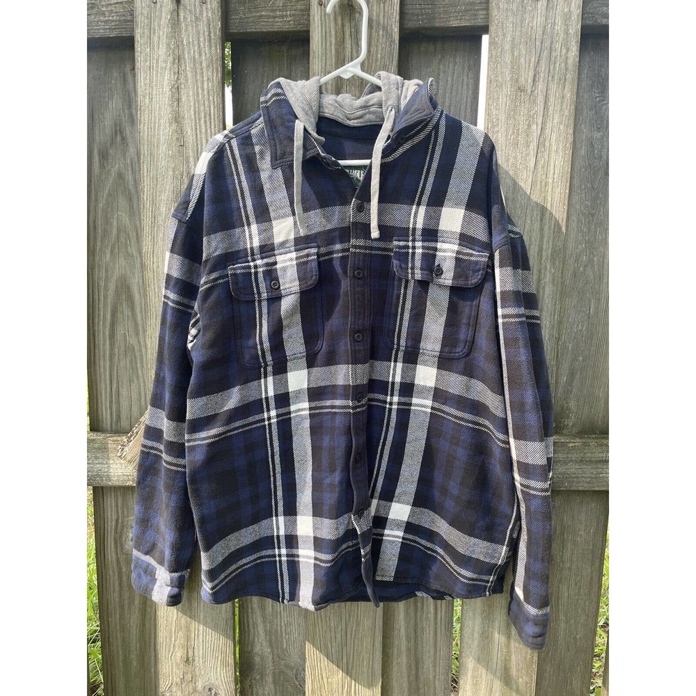 American Eagle Mens Shirt Jacket Shacket Removable Hood Blue Plaid Size XXL